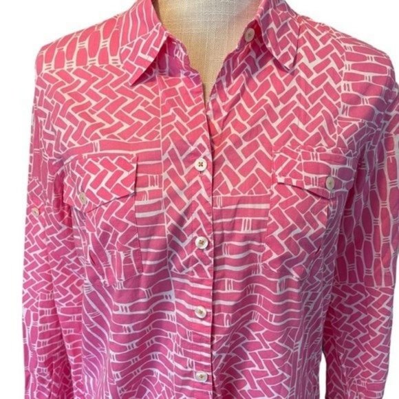 Lilly Pulitzer Geometric Print Resort Fit Button Down Blouse Top Small - Picture 5 of 16